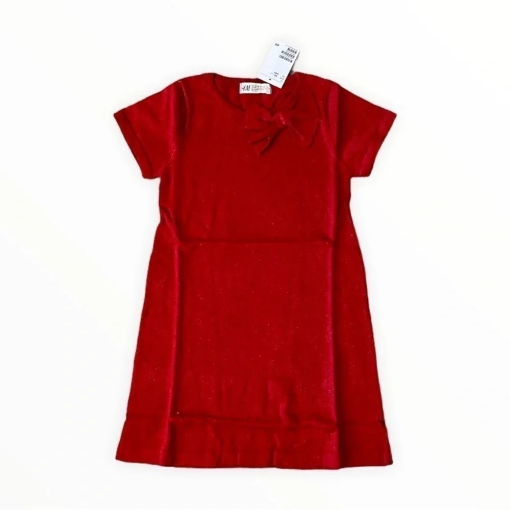 H&M Kids Red Glitter Knit Dress Bow Detail NWT Girls Sizes 6 8 Holiday Party